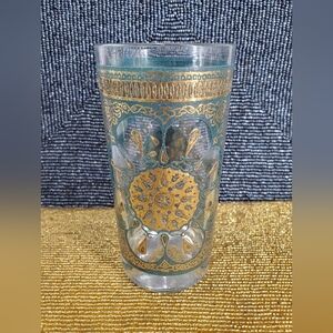 Gold Turquoise High Ball Glass Continental Company Gold Medallion MCM 12oz (C40)